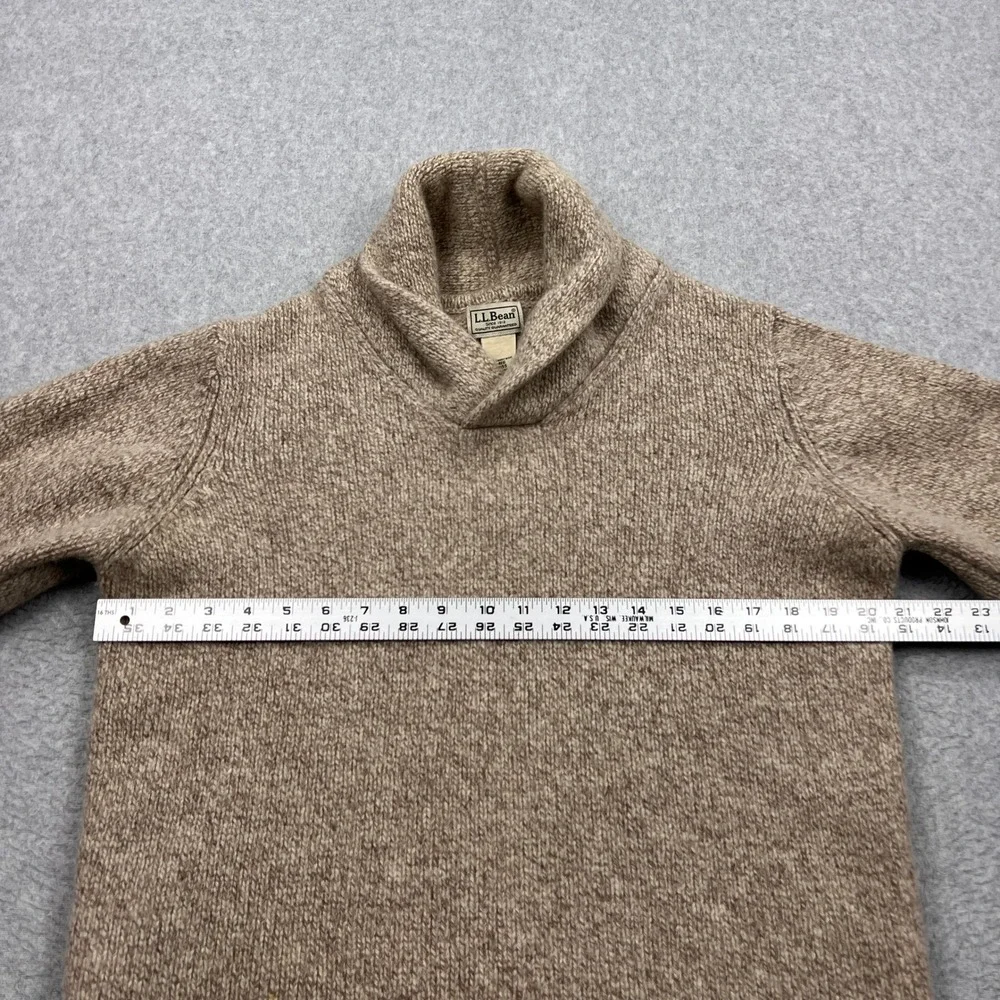 LL Bean Sweater Mens Large Beige 100% Lambswool Shawl Neck Elbow Patch Pullover - Picture 5 of 10